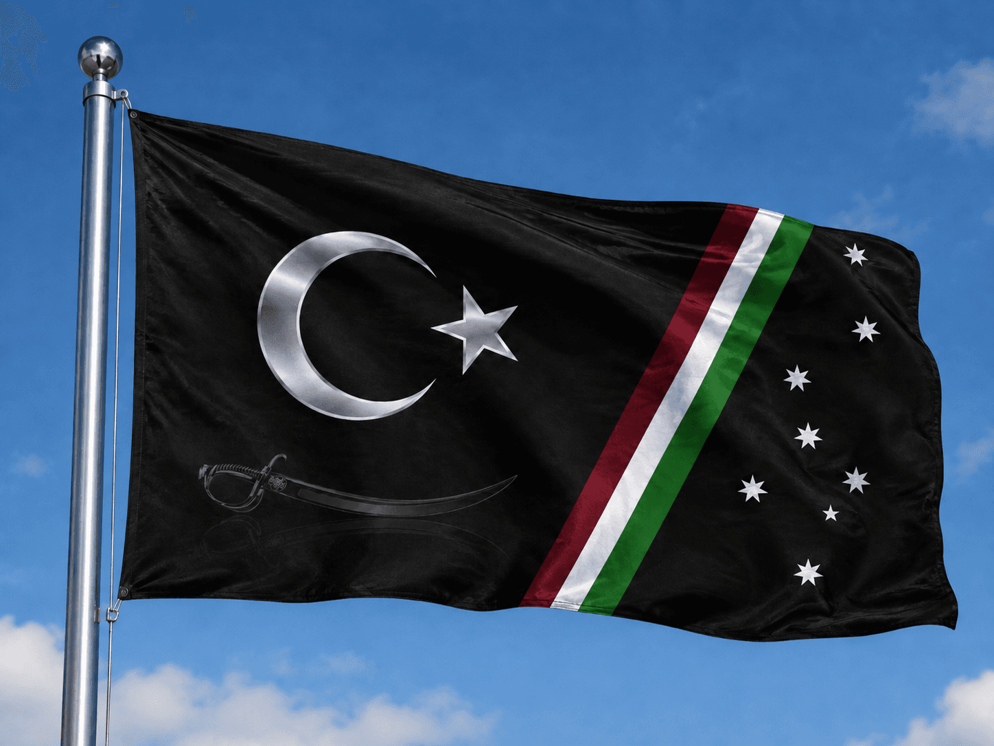 The Rayitu Bale identity banner, showing the crescent, star, curved sword, diagonal bands, and constellation